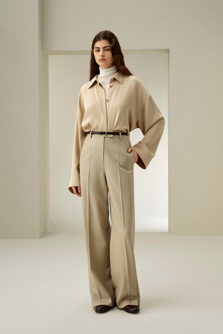 Wool Silk Blend Straight Pants