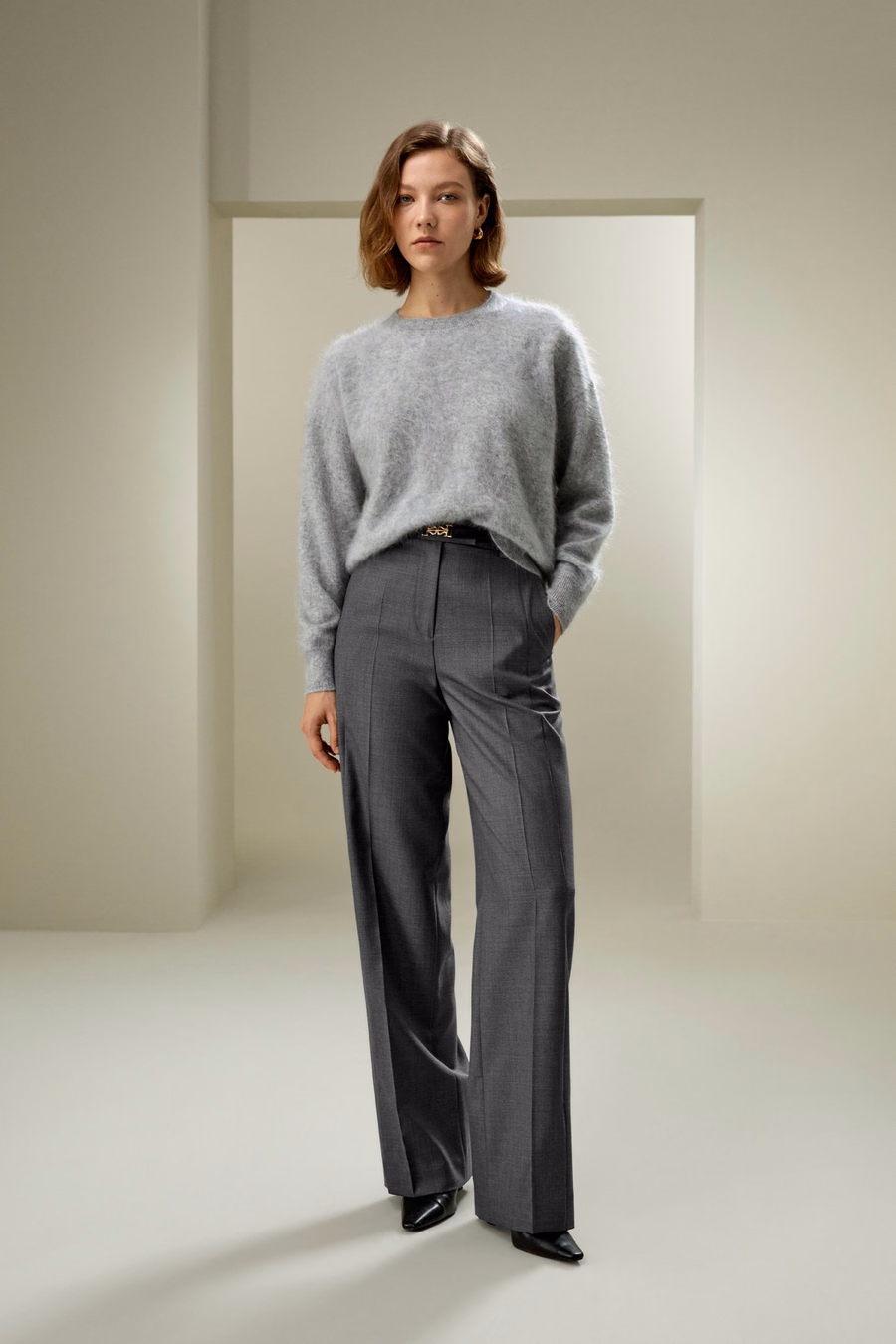Wool Silk Blend Straight Pants