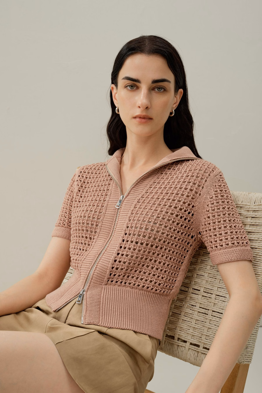Kardigan Toscana Pointelle Knit z podwójnym zamkiem błyskawicznym