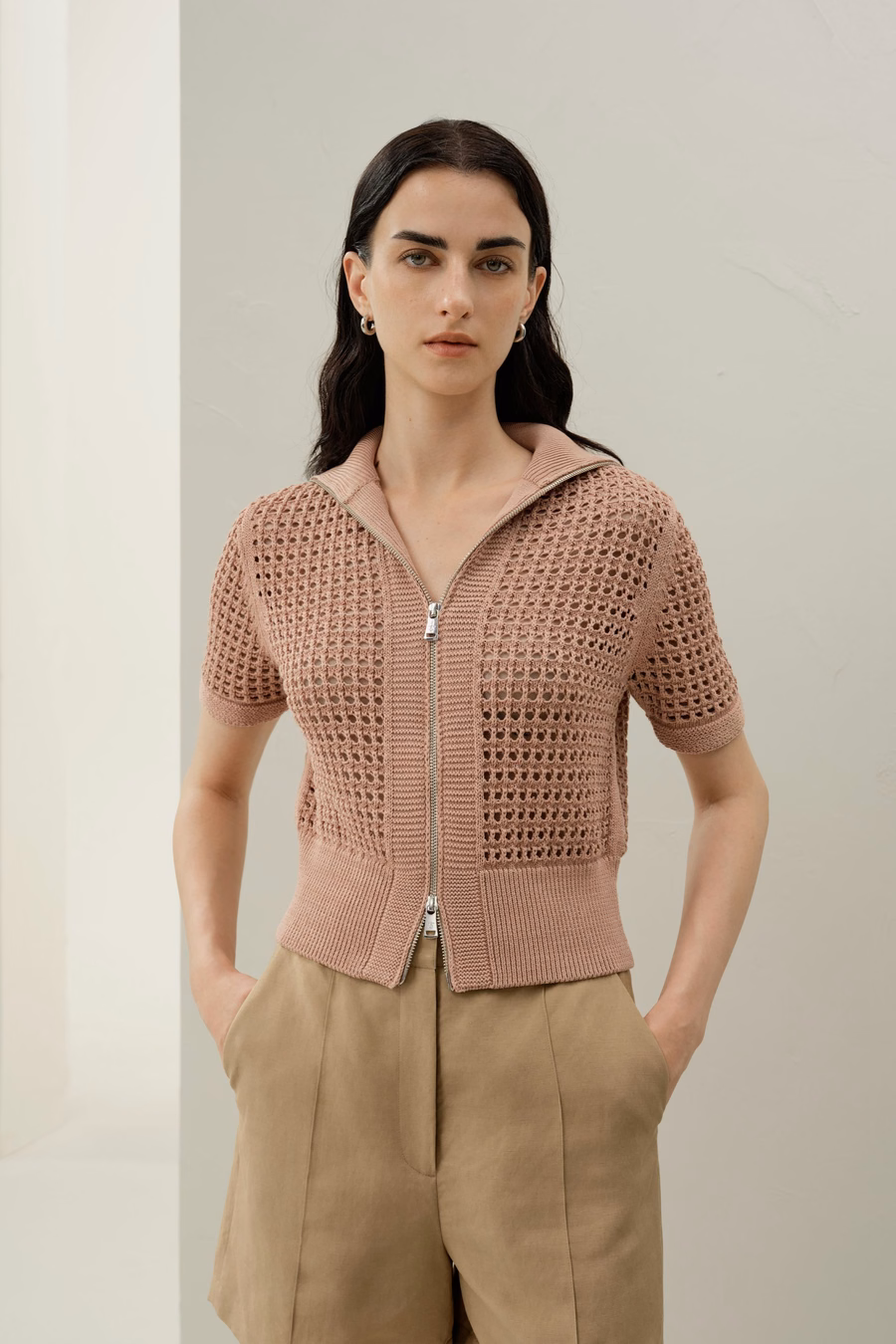 Kardigan Toscana Pointelle Knit z podwójnym zamkiem błyskawicznym