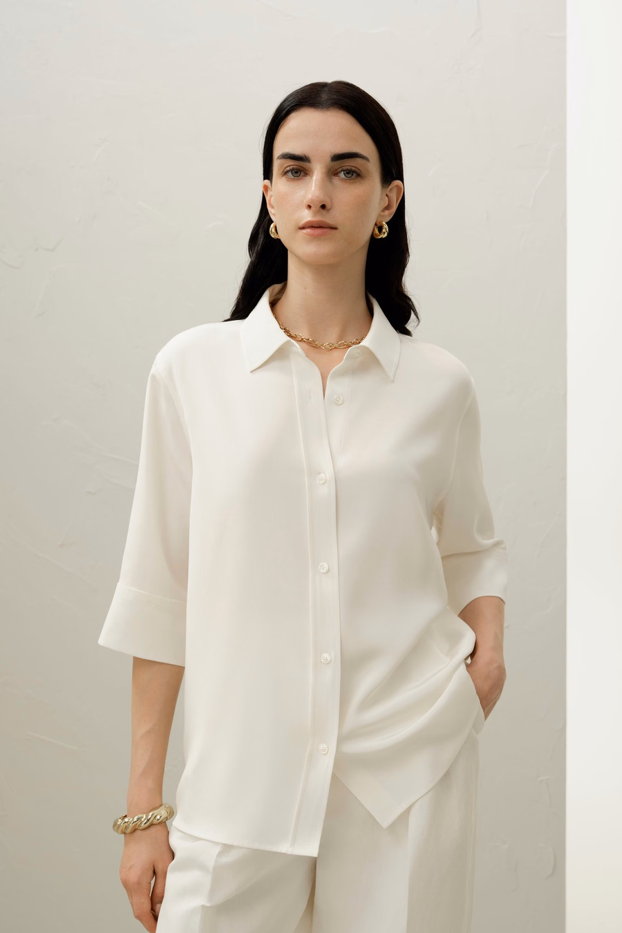 Relaxed Half-Sleeve Shirt z jedwabiu crepe