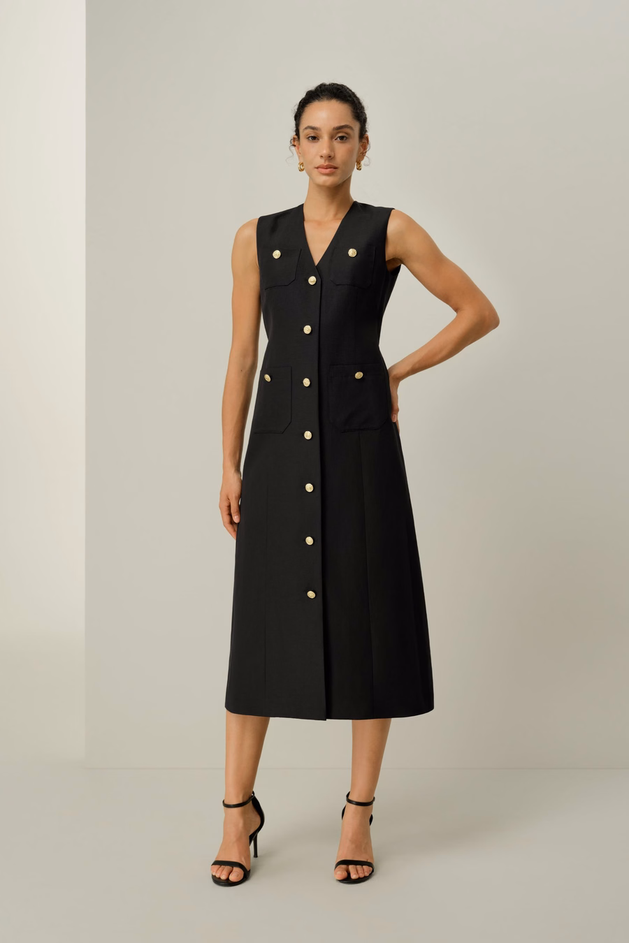 Silk-Linen Metal Button Dress