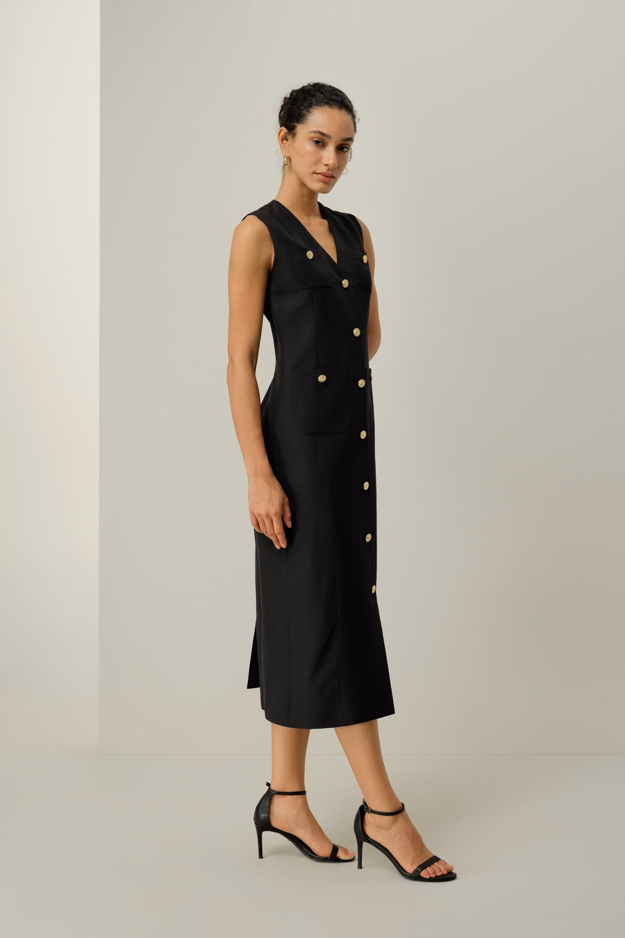 Silk-Linen Metal Button Dress