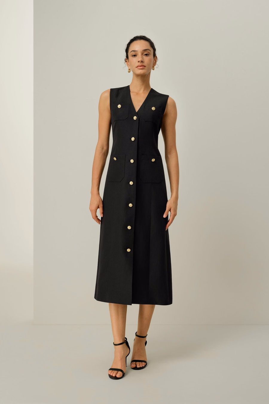 Silk-Linen Metal Button Dress