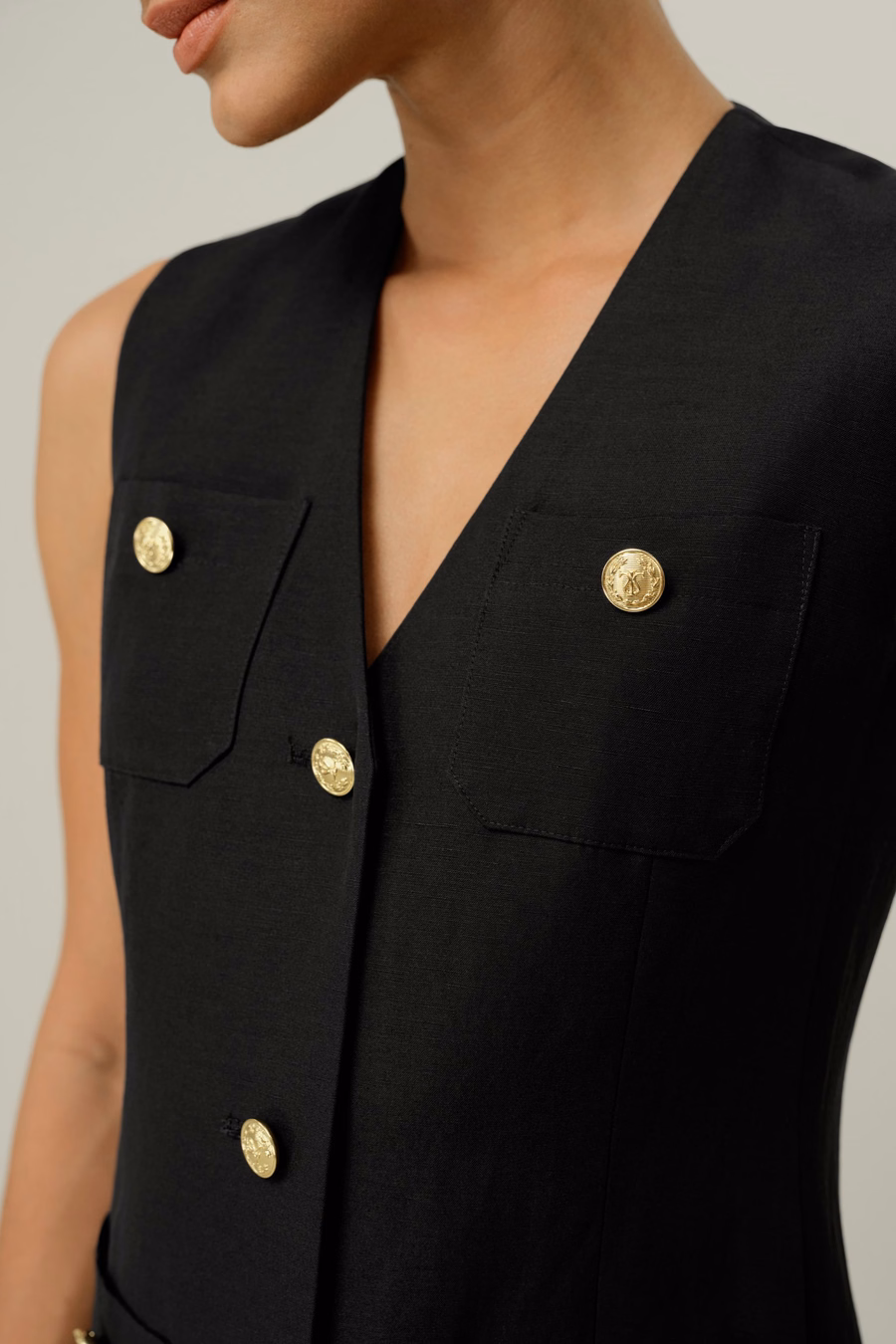 Silk-Linen Metal Button Dress