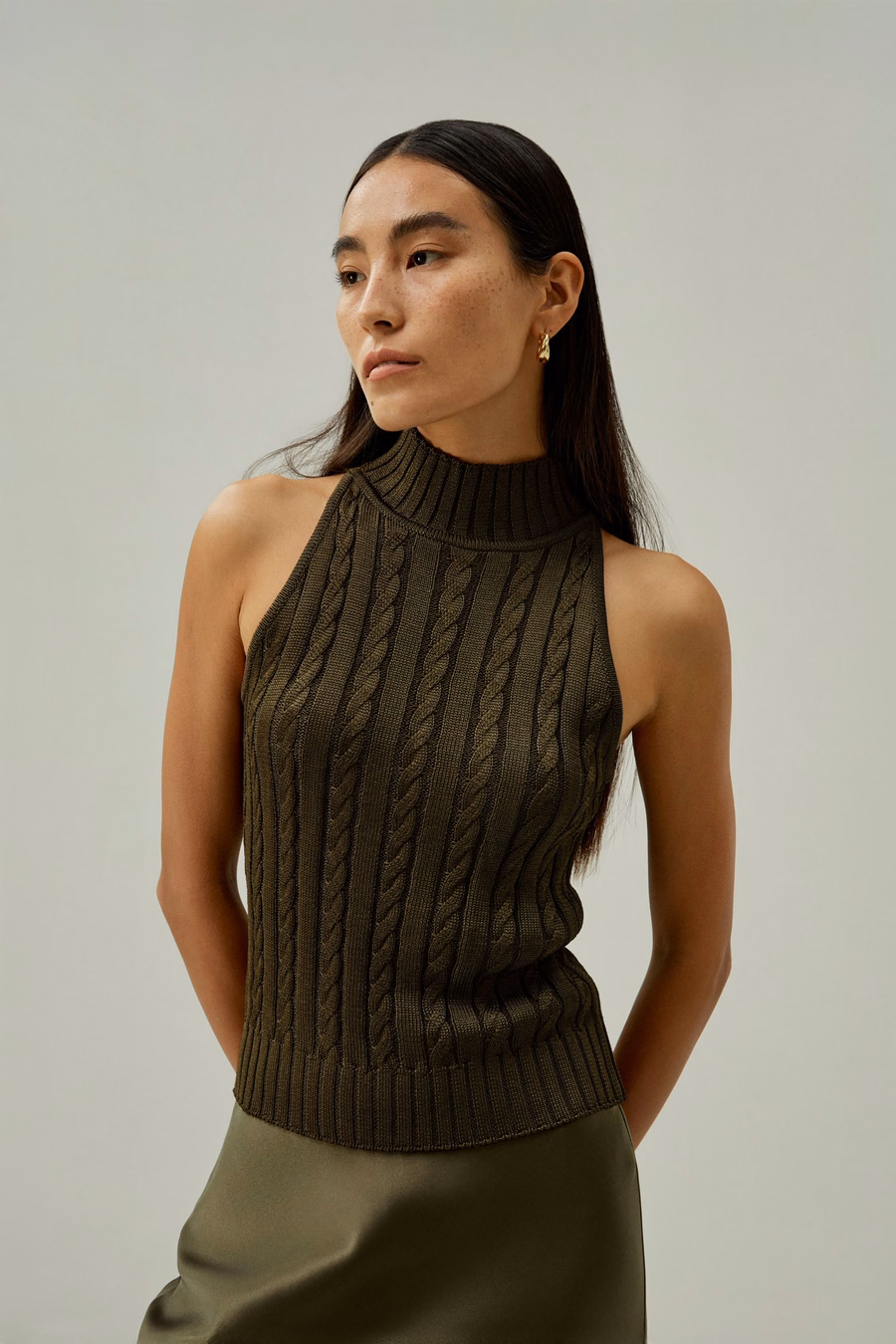 Classic High-Nick Cable-Knit Sleeveless Top